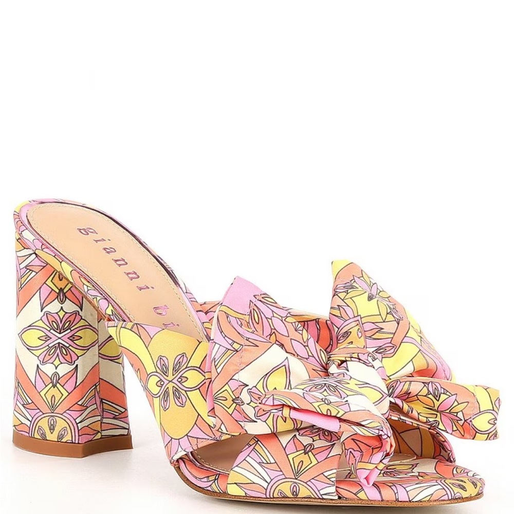 Gianni Bini Keily Retro Printed Satin Bow Block Heel Sandals Size 10 NEW